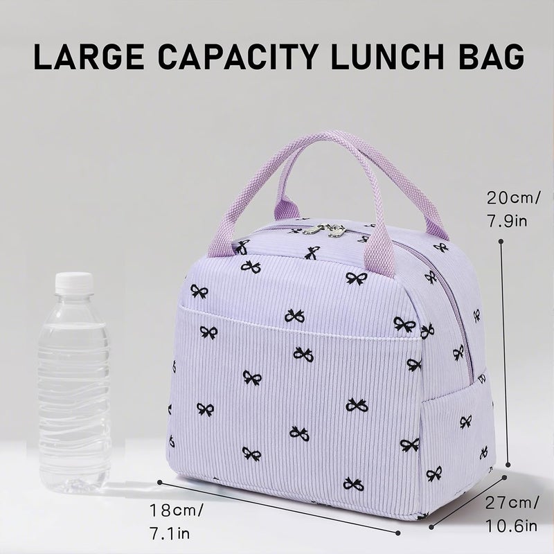 LEDAOU Lunch Box for Women Insulated Lunch Bag Corduroy Lunch Tote Bags Leakproof Cooler Lunch Case for Travel Work Picnic (Purple bow pattern) - Image 5